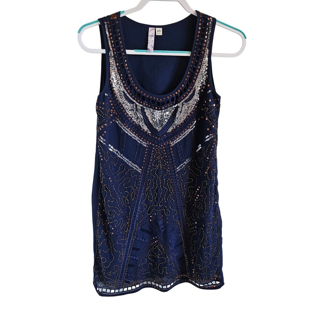 Alya Navy Blue Sequin Embroidered Sleeveless Tank Top XS Whimsical  Fairy Bling